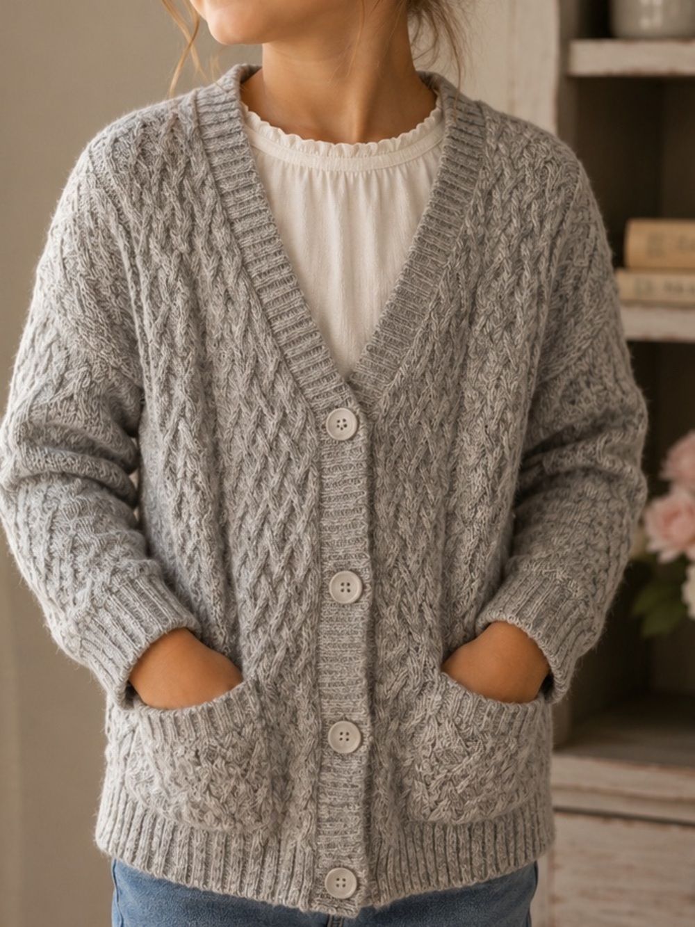 abercrombie kids Grey Cable Knit Button Front Fisherman’s Coastal Cardigan